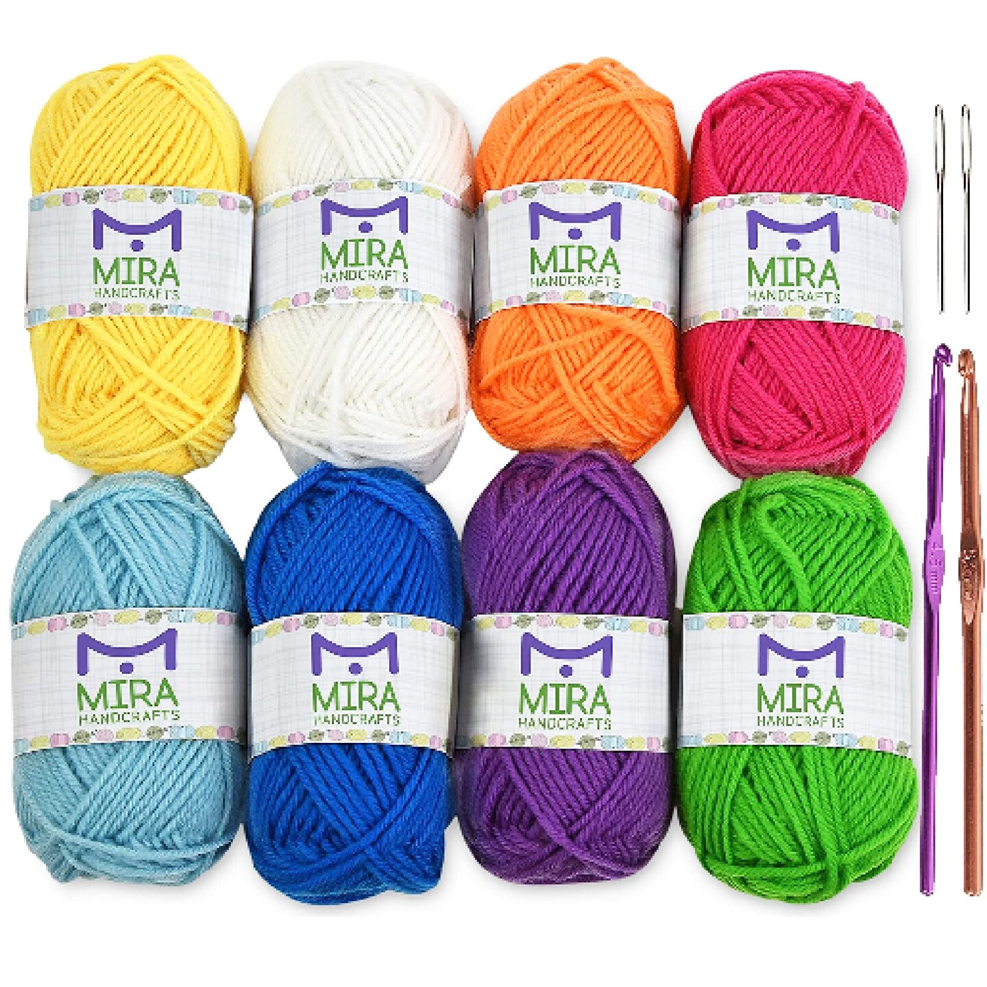 8 Acrylic Yarn Bonbons | Total of 525 yards Craft Yarn | Includes 2 Crochet Hooks, 2 Weaving Needles, 7 E-books | DK Yarn for Knitting and Crochet | Perfect Beginner Kit