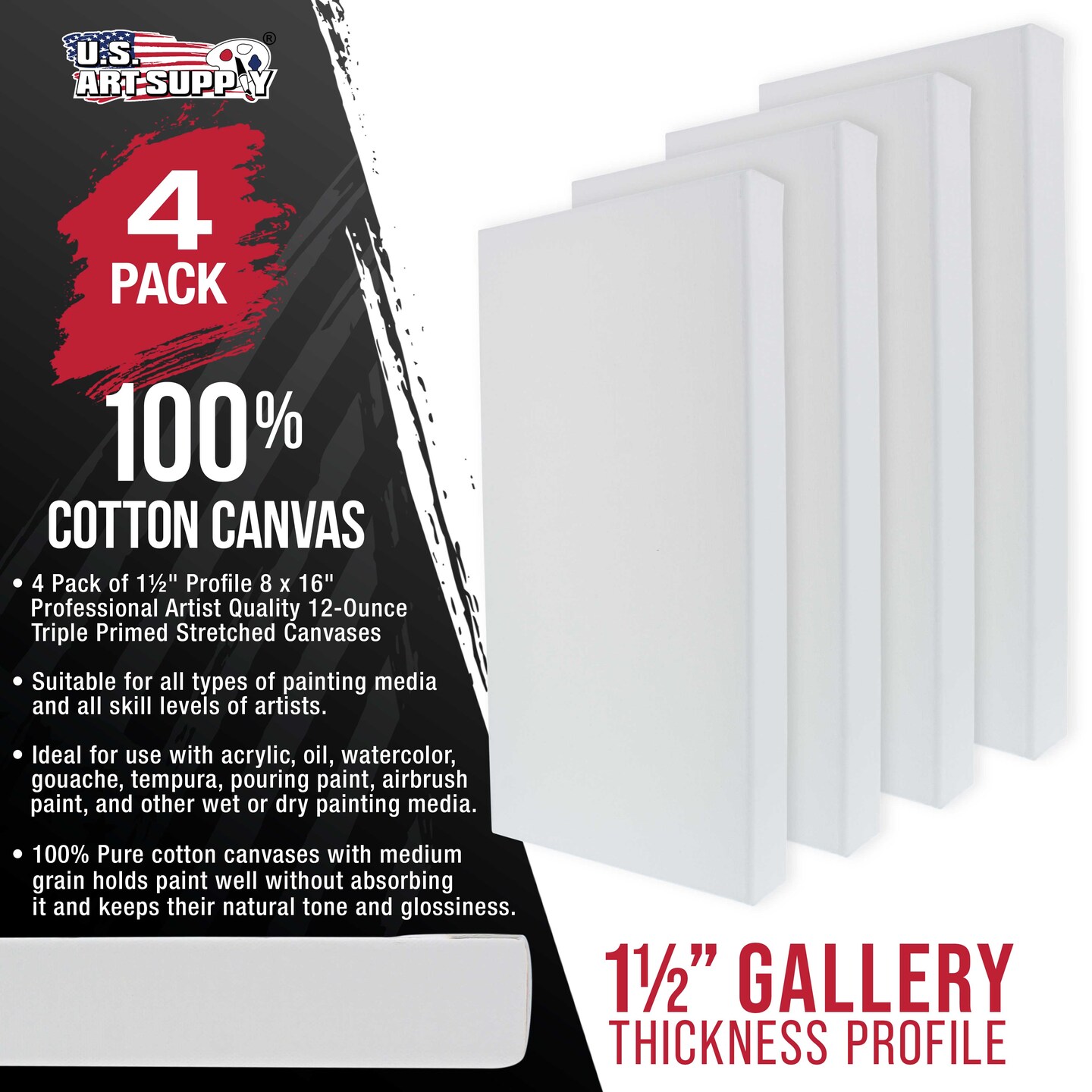 8 x 16 inch Gallery Depth 1-1/2&#x22; Profile Stretched Canvas, 4-Pack - 12-Ounce Acrylic Gesso Triple Primed, - Professional Artist Quality, 100% Cotton
