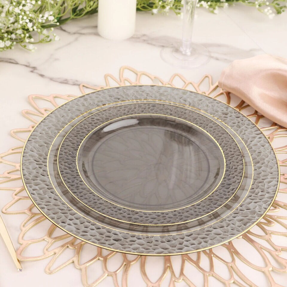 10 BLACK 7.5&#x22; Round Salad PLATES Hammered GOLD Trim