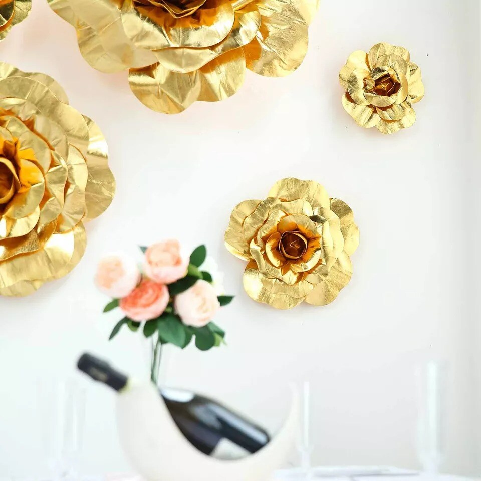 4 pcs 12&#x22; Gold Artificial Large Roses Flowers Wall Backdrop