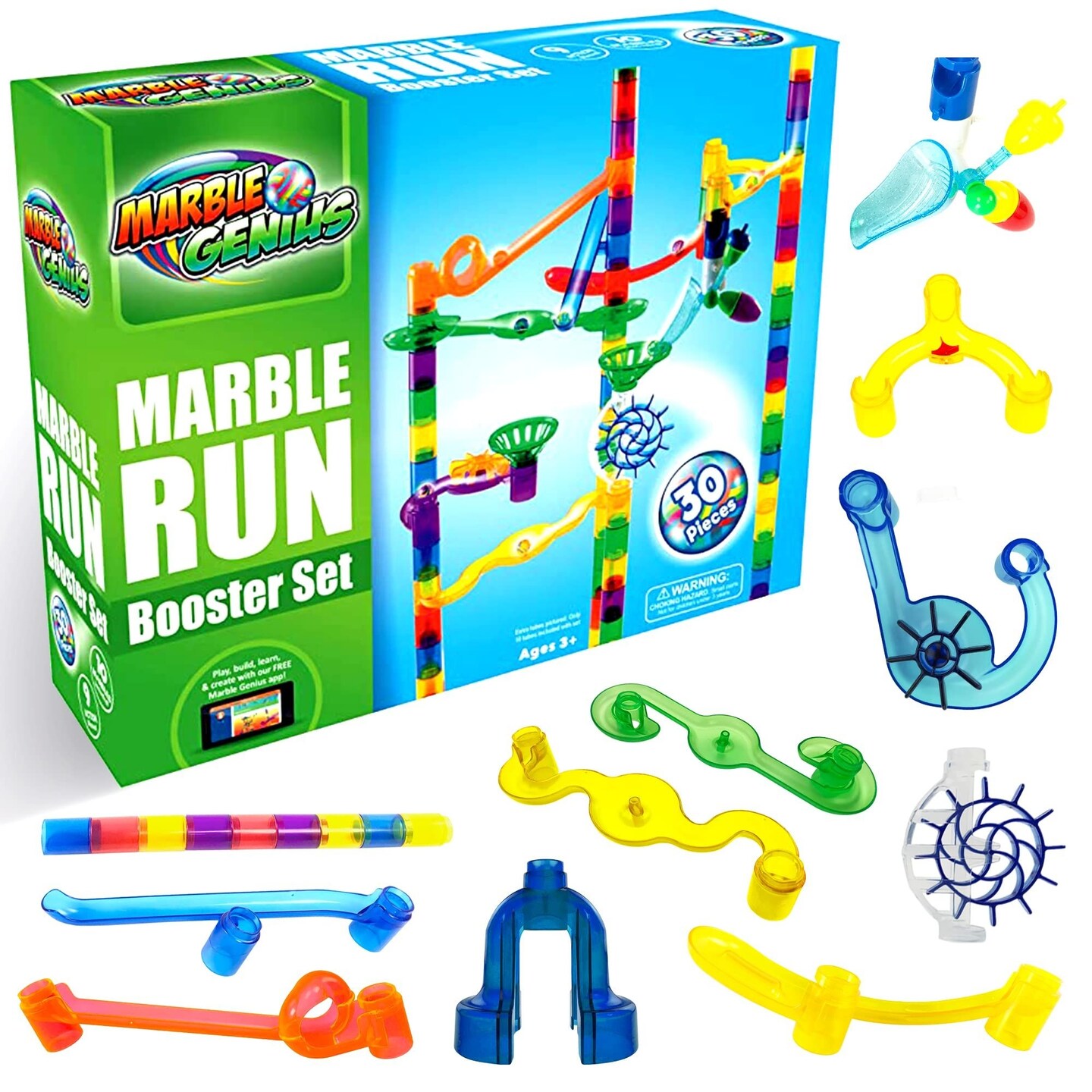 Marble Genius Marble Run Booster Set - 30 Pieces Total (10 Action Pieces Included), Construction Building Blocks Toys for Ages 3 and Above, with Instruction App Access, Add-On Set, Original