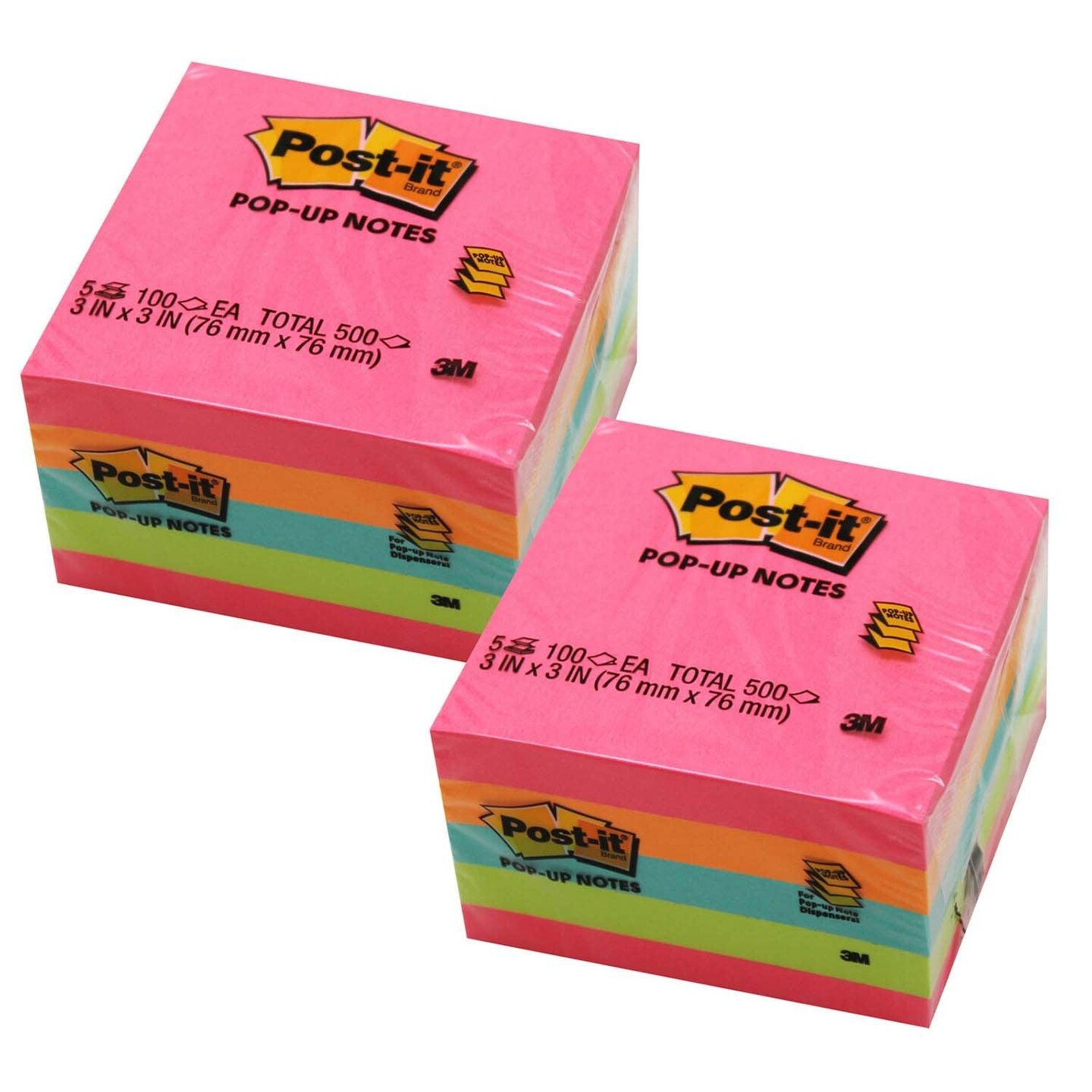 Pop-up Notes, 3&#x22; x 3&#x22;, Assorted, 100 Sheets/Pad, 5 Pads/Pack, 2 Packs