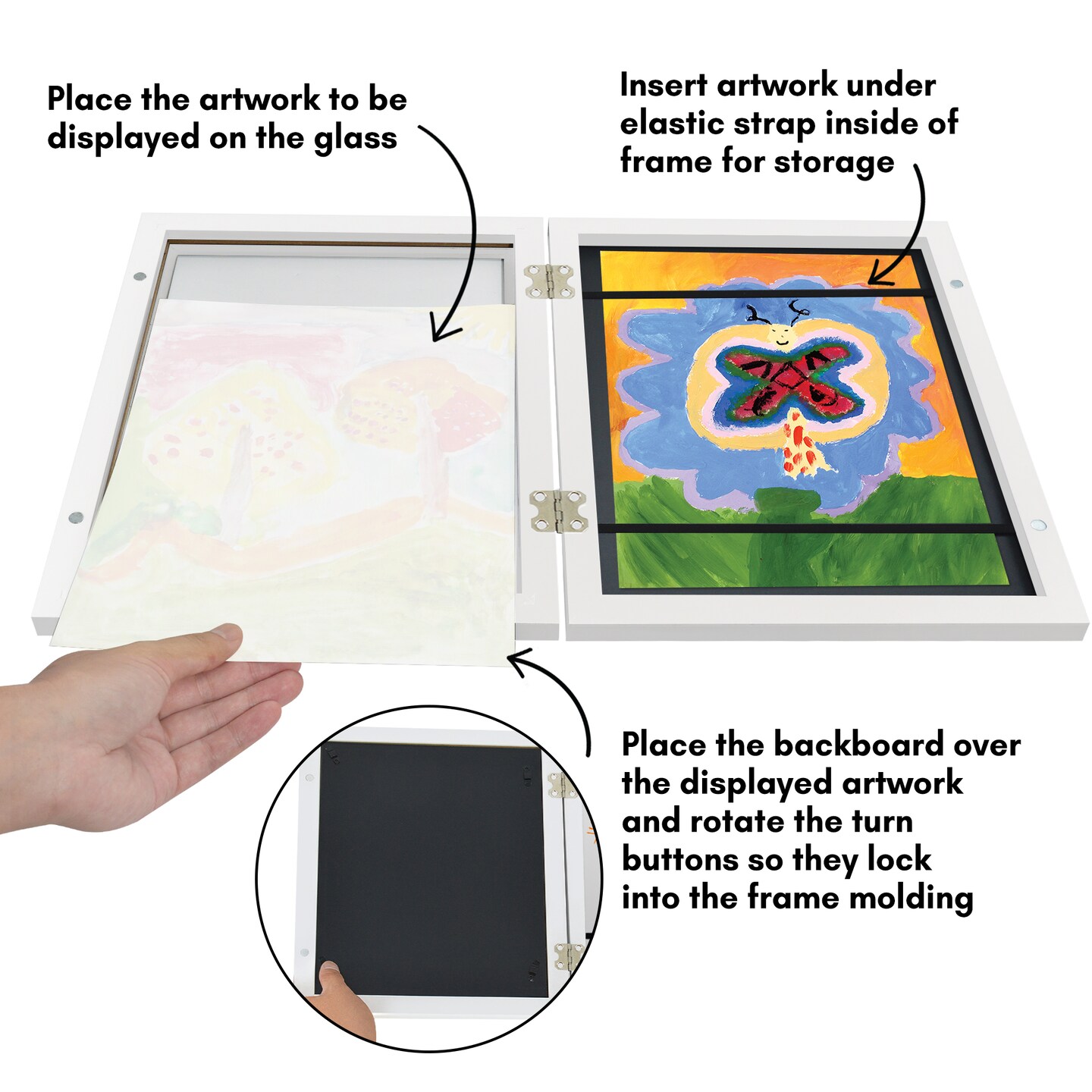 Americanflat 8.5x11 Front Loading Kids Art Frame - Kids Artwork Frame - Elastic Strap to Secure Artwork - Shatter Resistant Glass - Hanging Hardware - Includes Easel