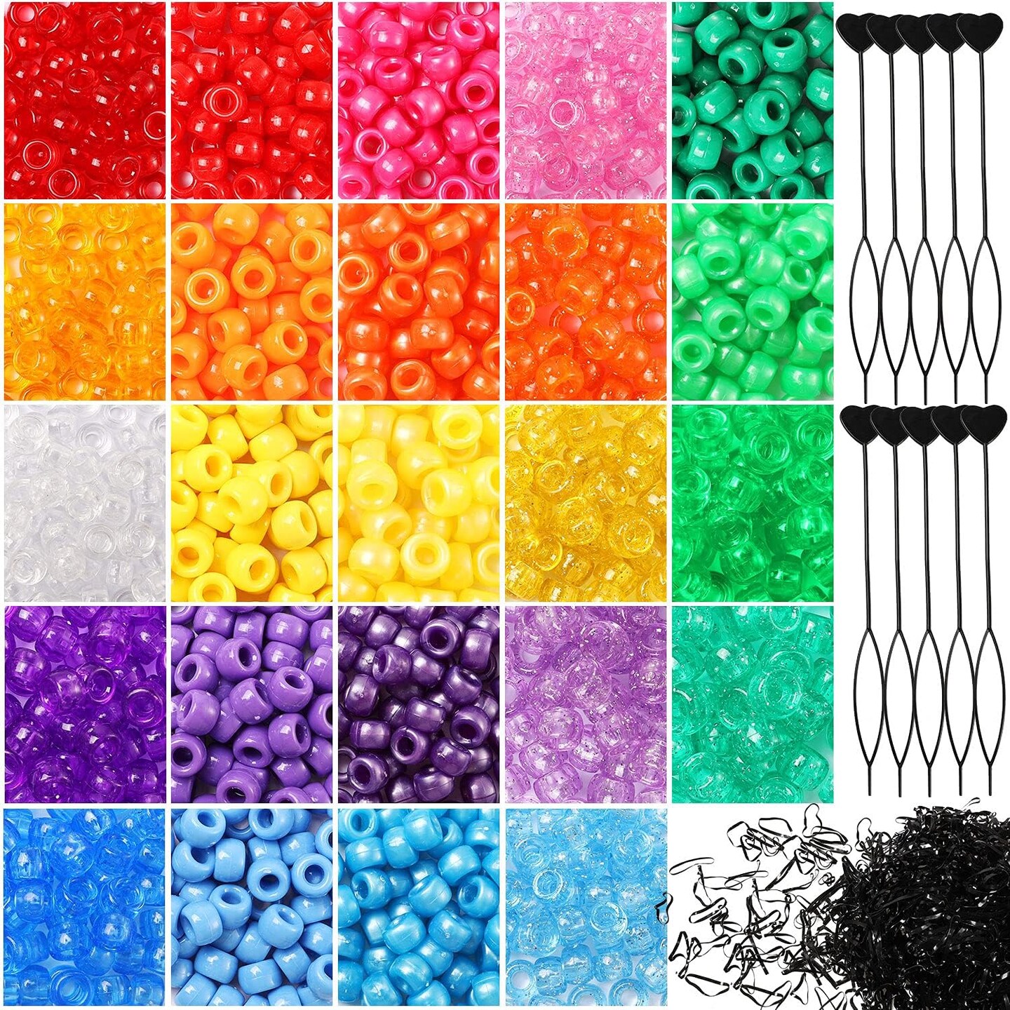 2810pcs Pony Beads Bracelet Making Kit,DIY Jewelry Making Kit Hair Beads 24 Colors Rainbow Plastic Kandi Beads 1000 Elastic Rubber Bands 10 Heart Beader for Hair