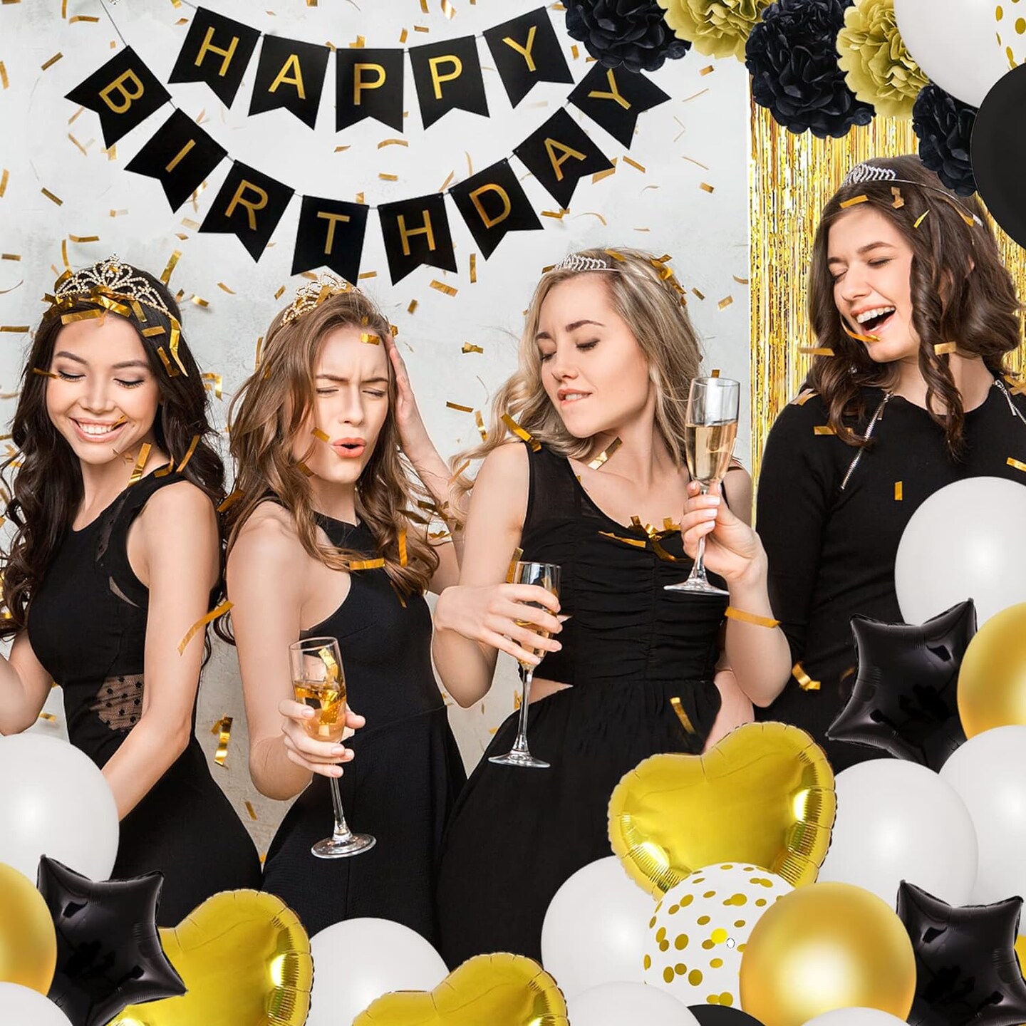 Black Gold Birthday Decorations for Men Women,Black Gold White Foil Confetti Balloons Happy Birthday Banner Pom Poms Metallic Fringe Curtains 18th 30th 40th 50th Graduation Party Supplies