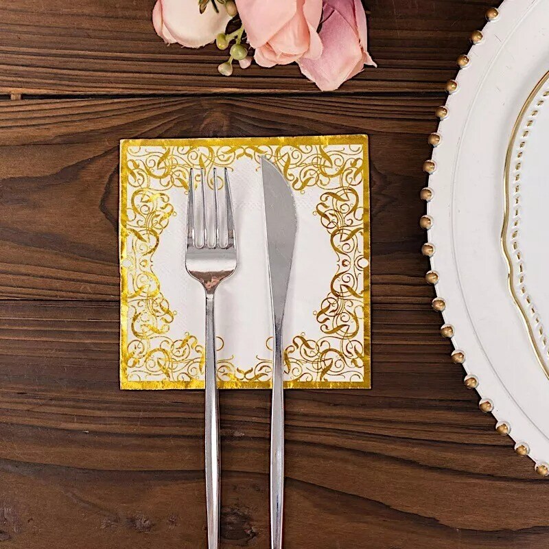 WHITE 20 Soft 3 Ply Paper Disposable Dinner NAPKINS GOLD Lace Design