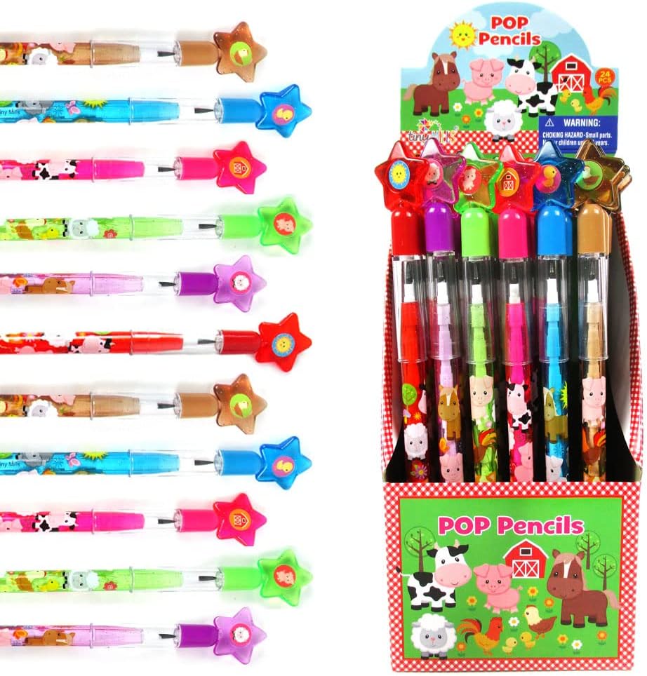 TINYMILLS 24 Pcs Farm Animals Stackable Push Pencil Assortment with Eraser for Party Favors