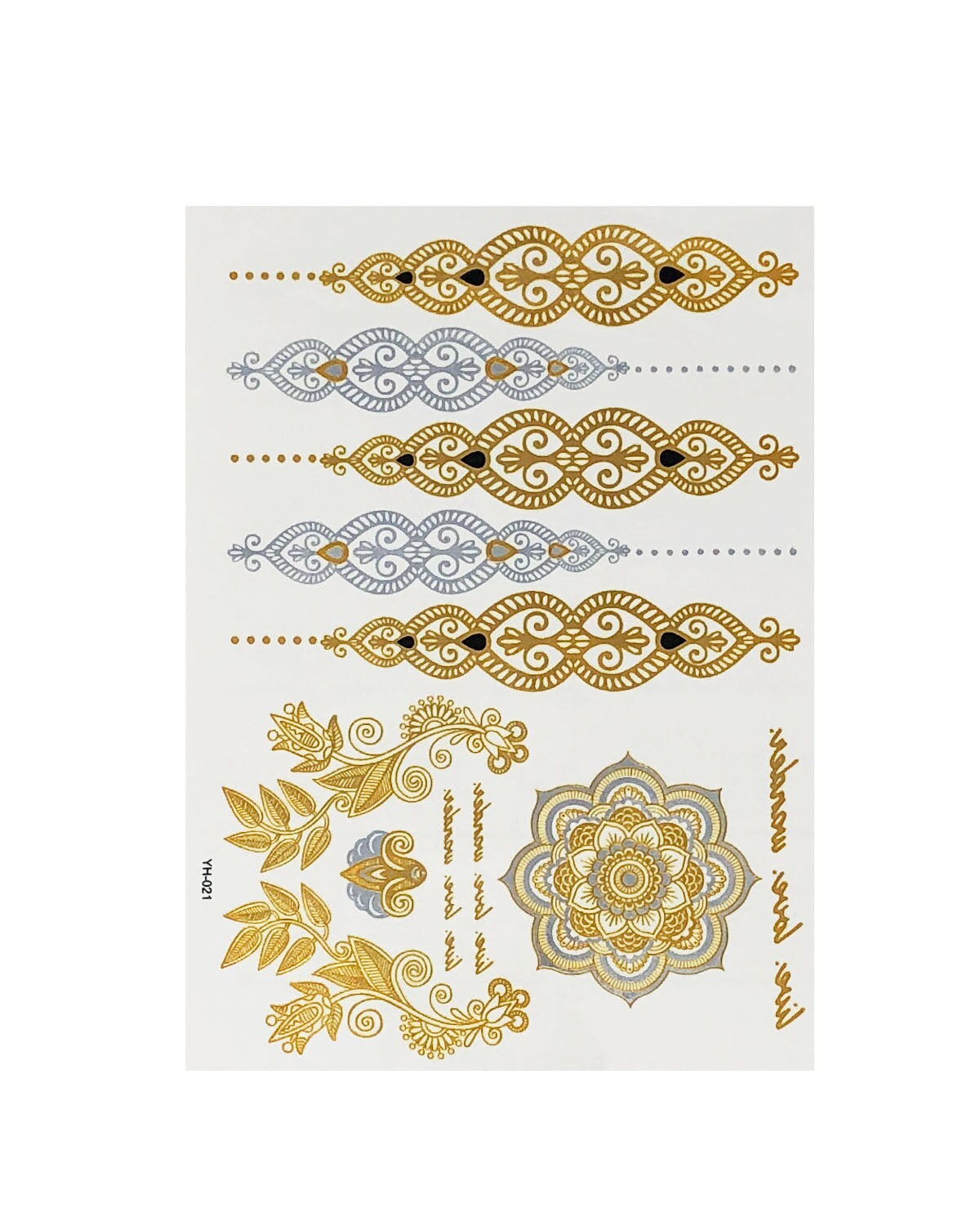 Wrapables Celebrity Inspired Temporary Tattoos in Metallic Gold Silver and Black (6 Sheets), Large, Indian Motif