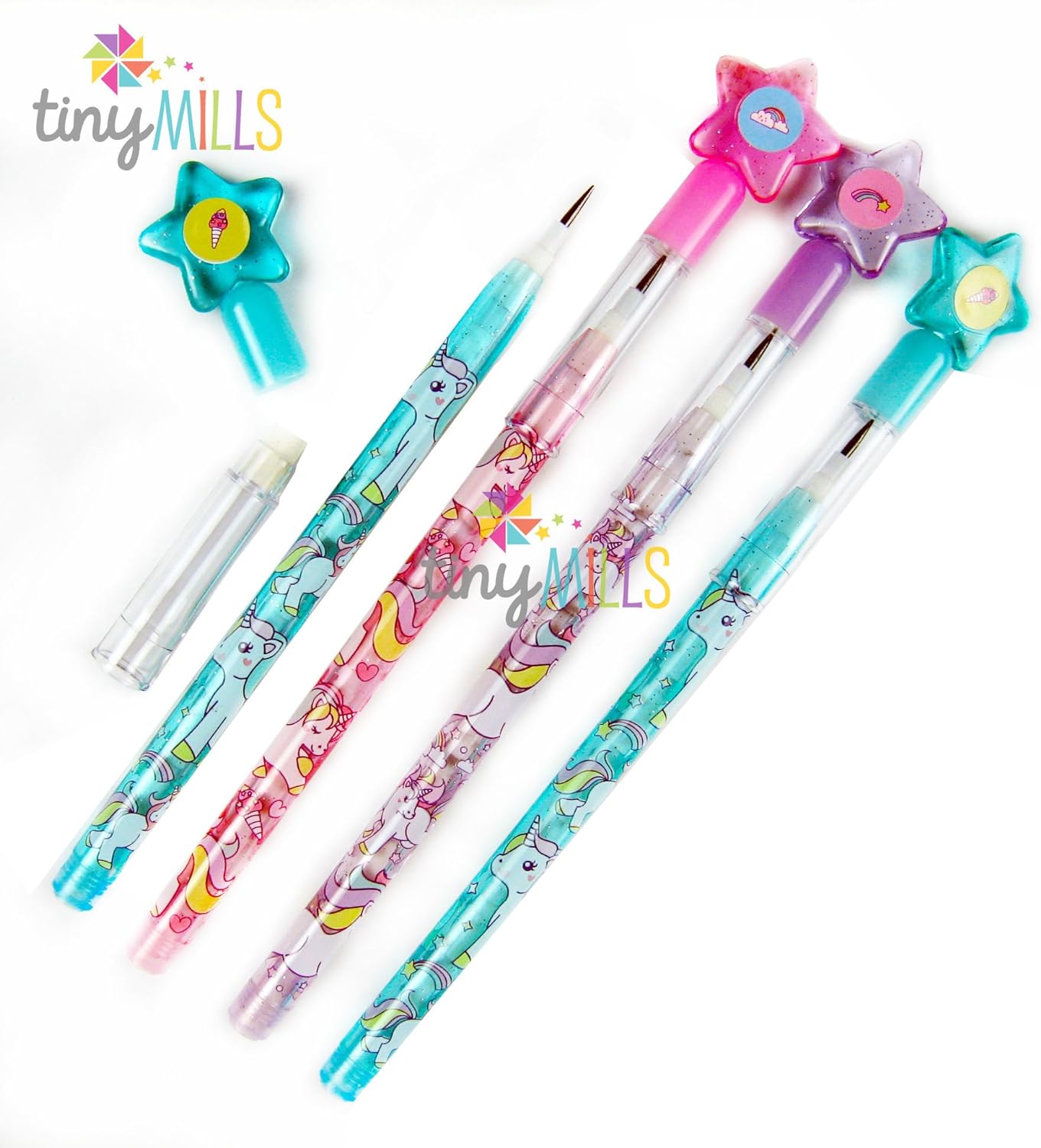 TINYMILLS 24 Pcs Unicorn Stackable Push Pencil Assortment with Eraser