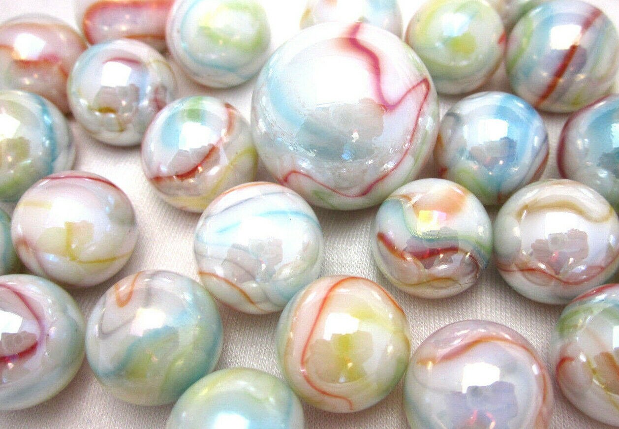 25 Glass Marbles UNICORN Pink/White/Orange/blue game vtg style Swirl Shooter
