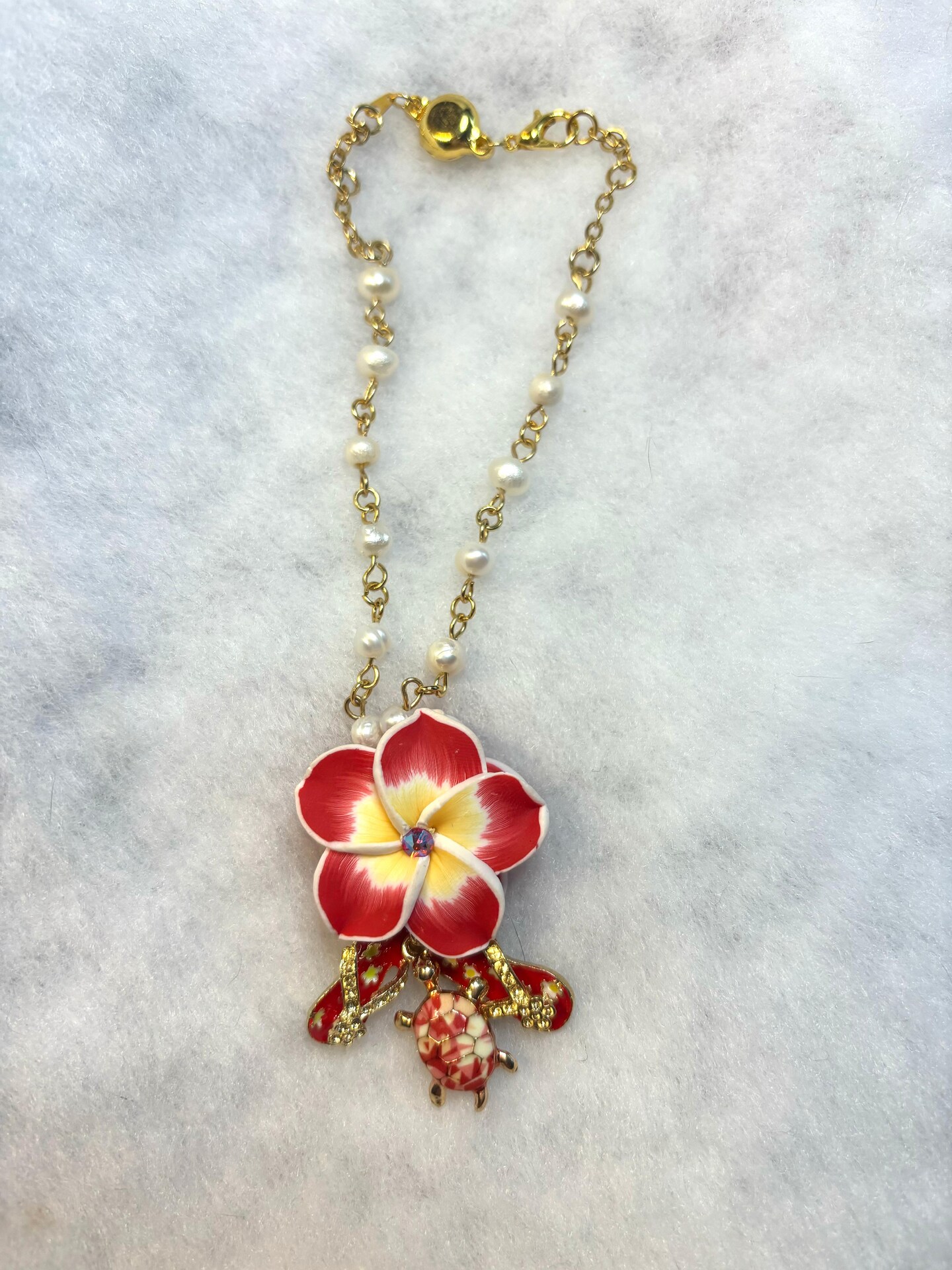 Car Rearview Mirror Charm RED Plumeria (2) with crystals, Red