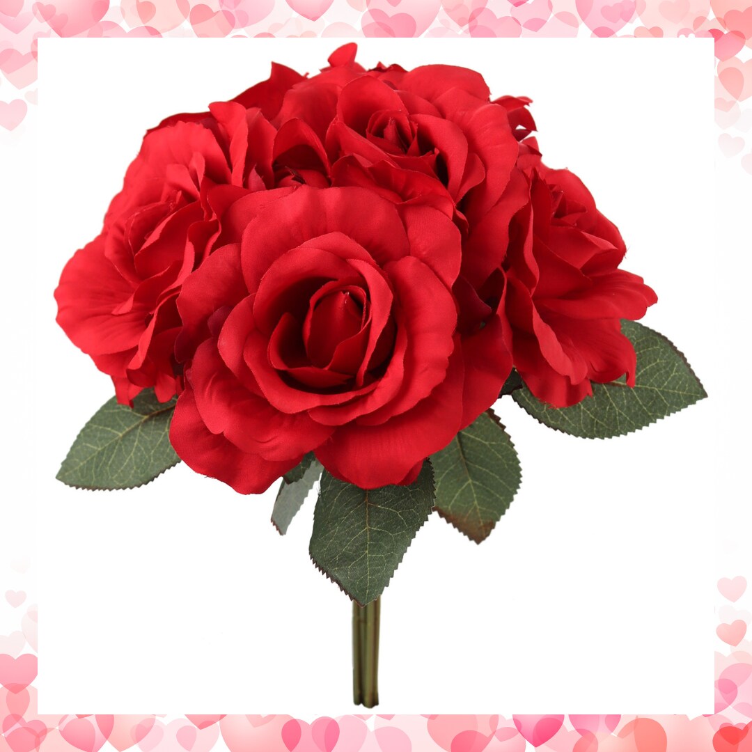 Set of 12 Artificial Red Rose Bouquet with 6 Realistic Silk Blooms