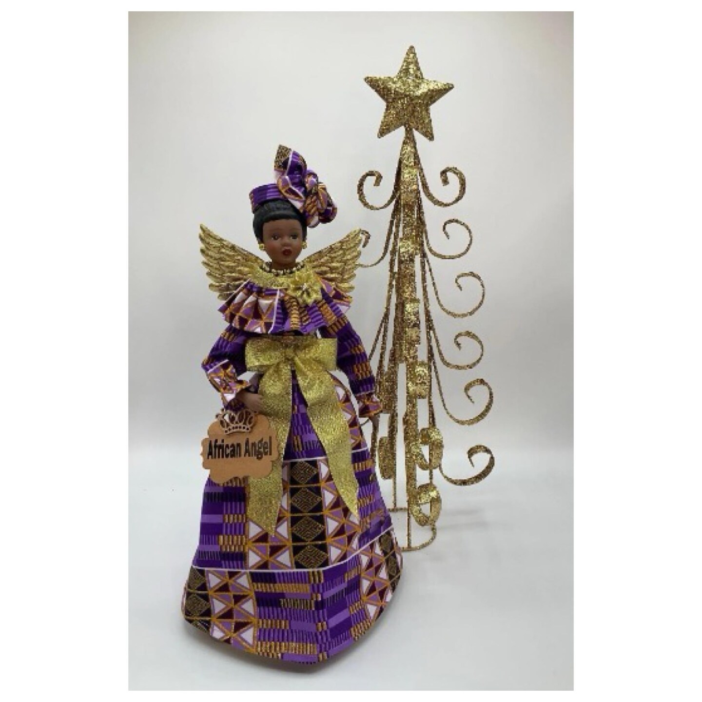 purple dressed black angel christmas tree topper Metallic Purple and Gold African American Angel Tree Topper Figurine