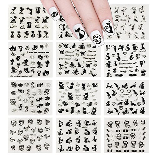 Wrapables 12 Sheets Black Cats Nail Stickers Set