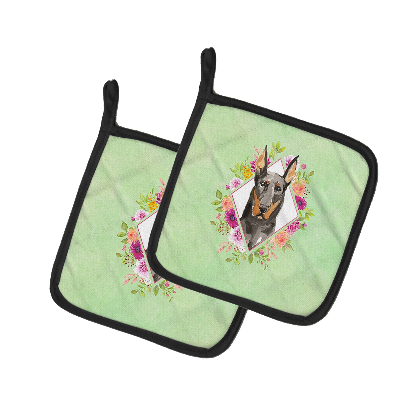 Caroline's Treasures Doberman Pinsher Green Flowers Pair of Pot Holders