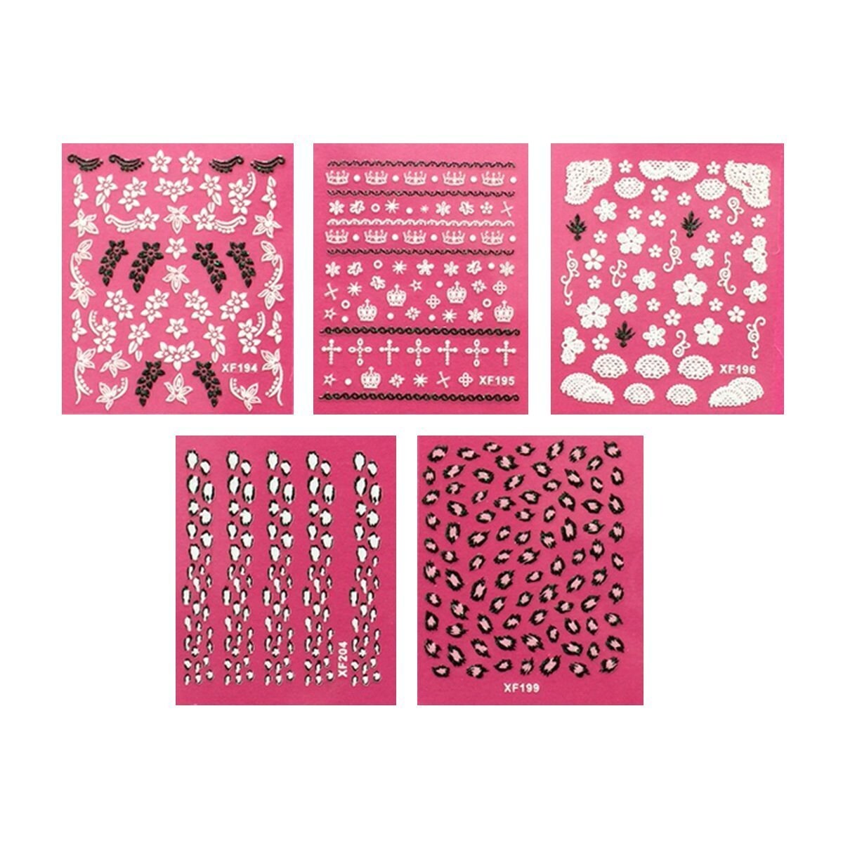 Wrapables Leopard Print, Floral, Crowns and Crosses Nail Art Self-Adhesive Stickers Nail Decals, Set of 5