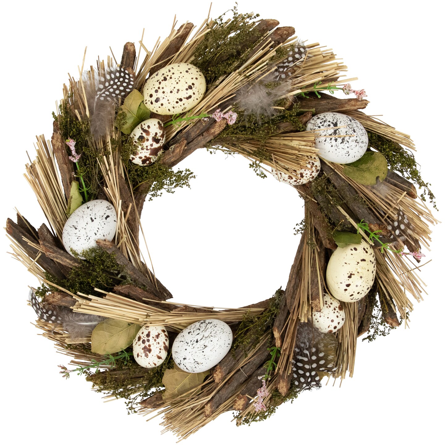 Northlight Speckled Eggs and Feathers Artificial Easter Wreath - 14&#x22;