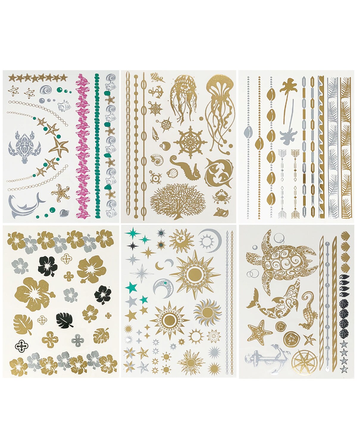 Wrapables Celebrity Inspired Temporary Tattoos in Metallic Gold Silver and Black (6 Sheets), Large, Marine Animals