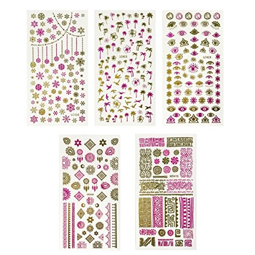 Wrapables 450+ Nail Stickers Pink &#x26; Gold Foil Nail Stickers Nail Art Henna Nail Stickers, 5 sheets - Prints