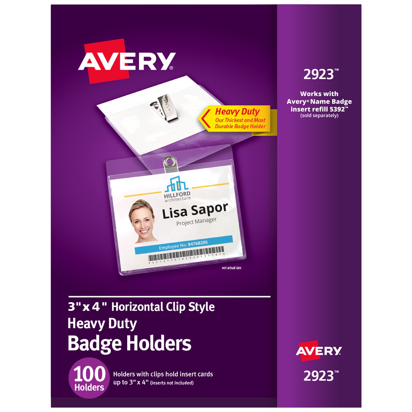 Avery Heavy Duty Badge Holders, 3&#x22; x 4&#x22;, 100 Horizontal ID Badge Holders with Clips (2923)