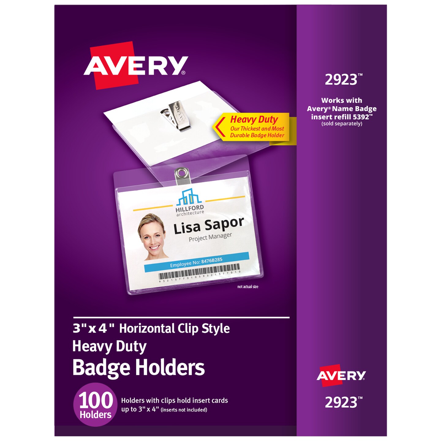 Avery Heavy Duty Badge Holders, 3" x 4", 100 Horizontal ID Badge Holders with Clips (2923)
