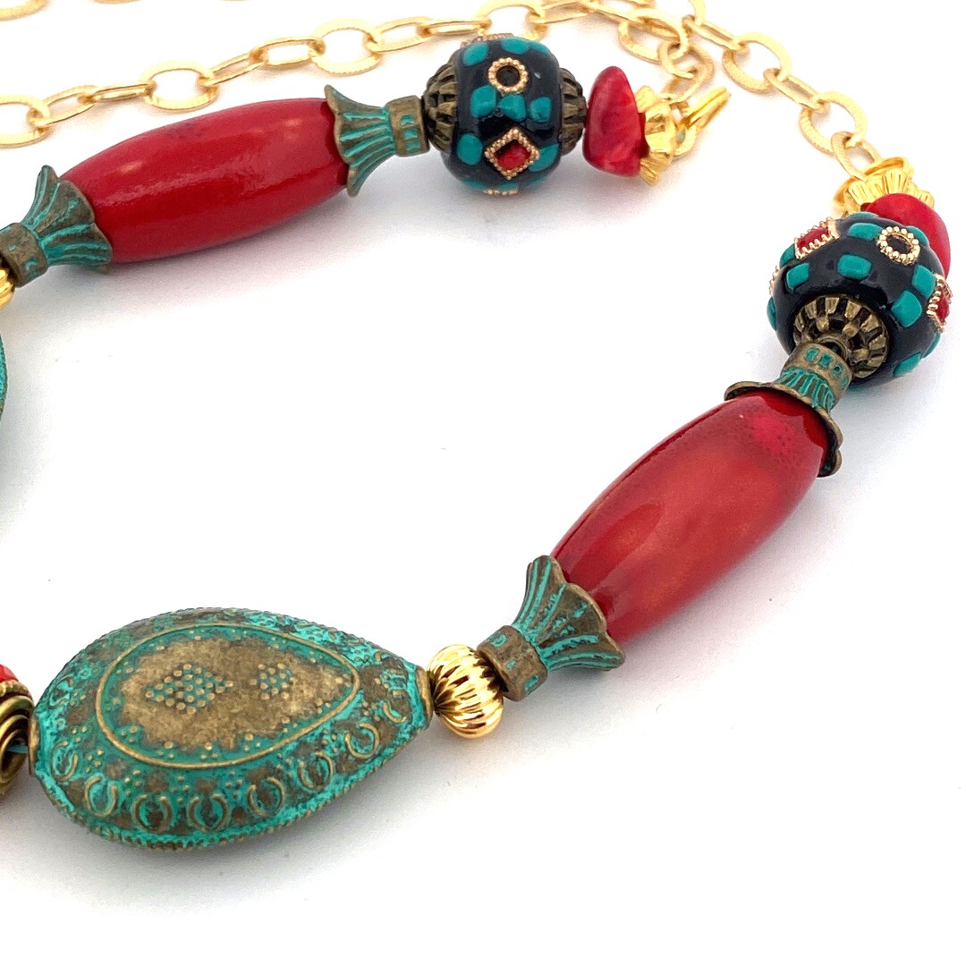 Boho Hippie Tassel Necklace, Festival Jewelry, Teal and Red with