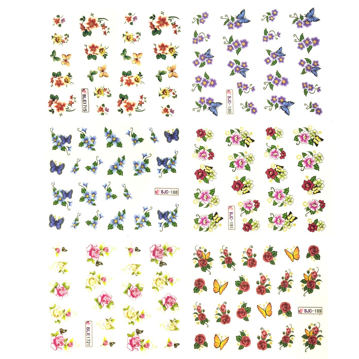 Wrapables Nail Art Water Nail Stickers Water Transfer Stickers / Nail Art Tattoos / Nail Art Decals, Flowers &#x26; Butterflies (6 Sheets)