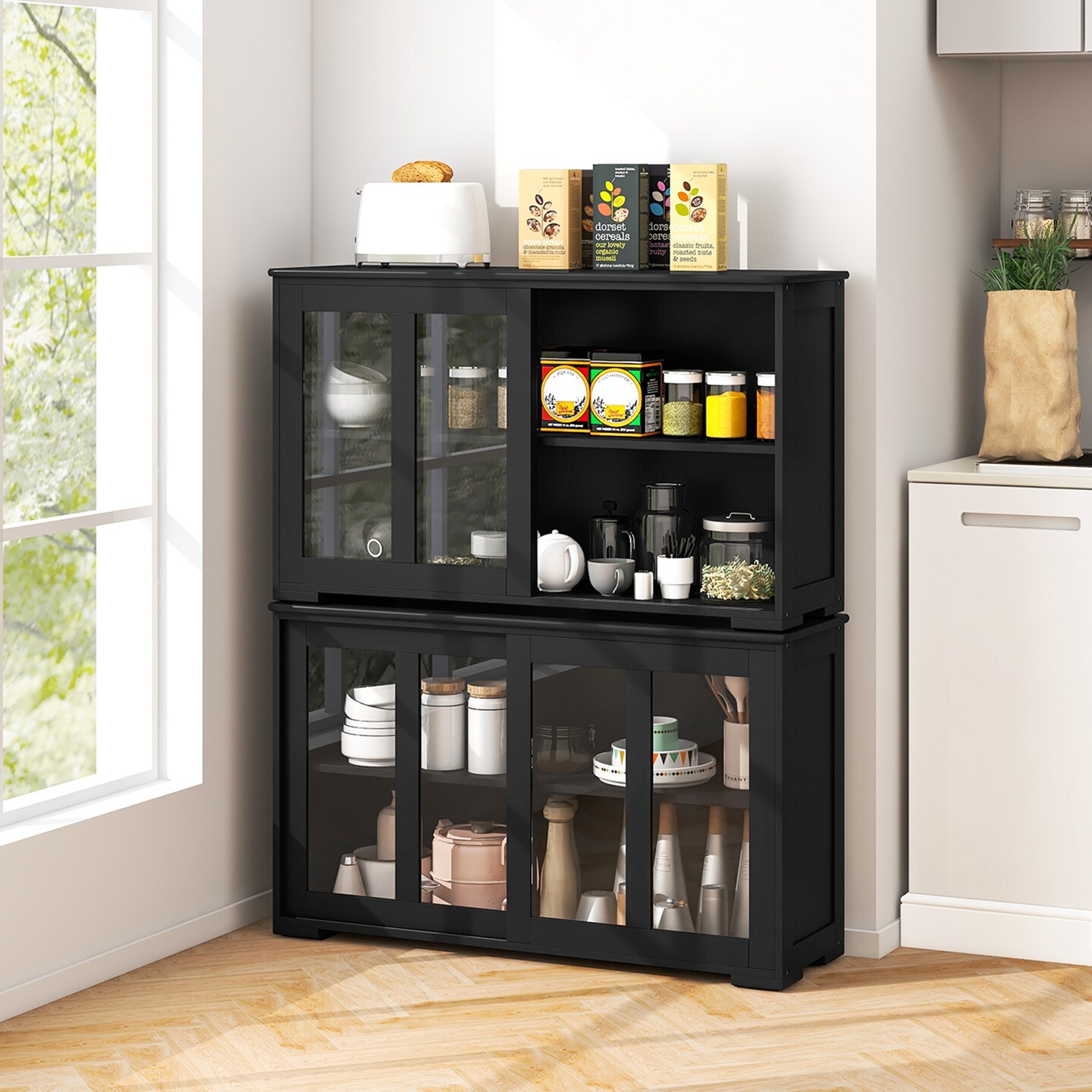 Costway 2-Door Stackable Buffet Sideboard Set of 2 with Sliding Tempered Glass Doors Black/Coffee/Gray/White
