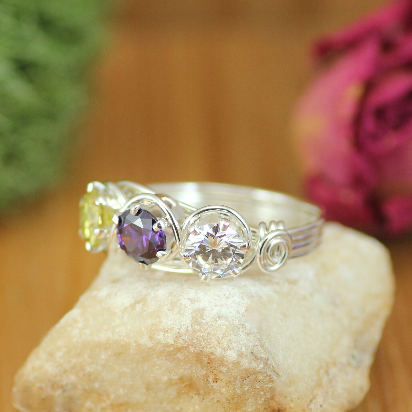 Mother Ring 3 Stones Sterling Silver with Large Band, Handmade and Personalized for Mother’s Day Jewelry Gift
