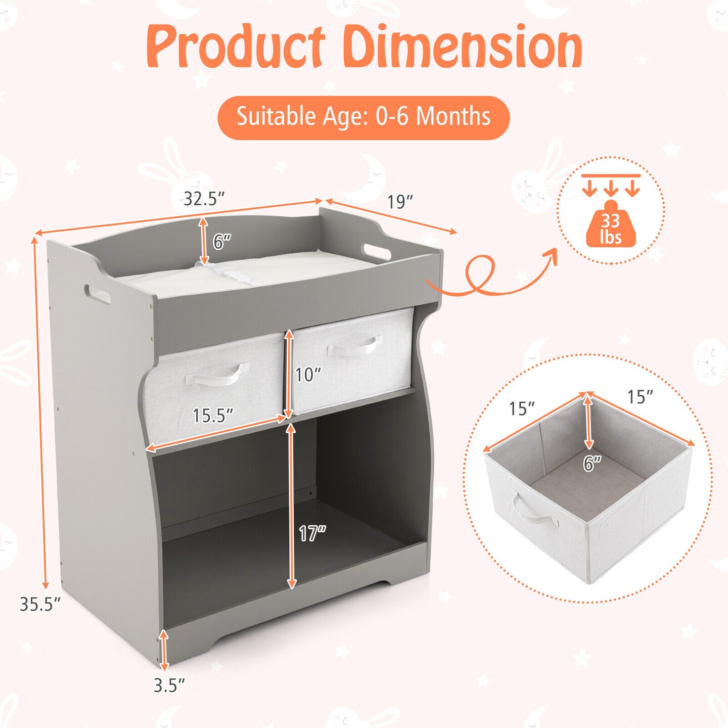 Baby Changing Table with 2 Drawers and Large Storage Bin-grey