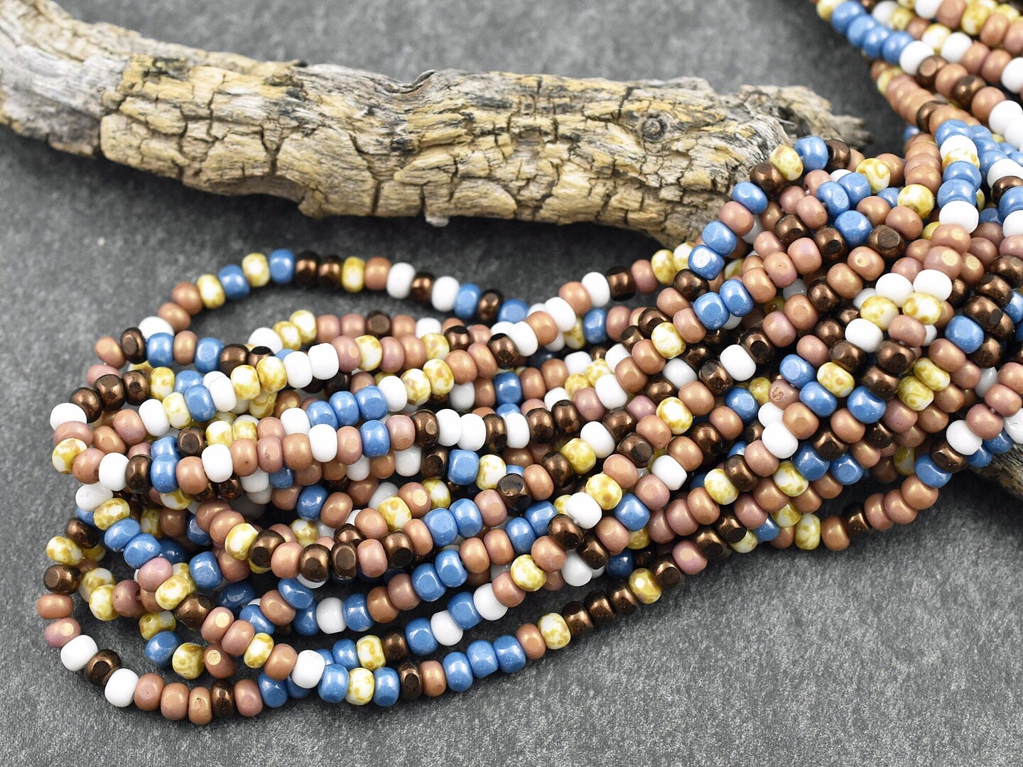 6/0 3 Cut Chocolate Mosaic Picasso Mix Trica Seed Beads (21&#x22; Strand)