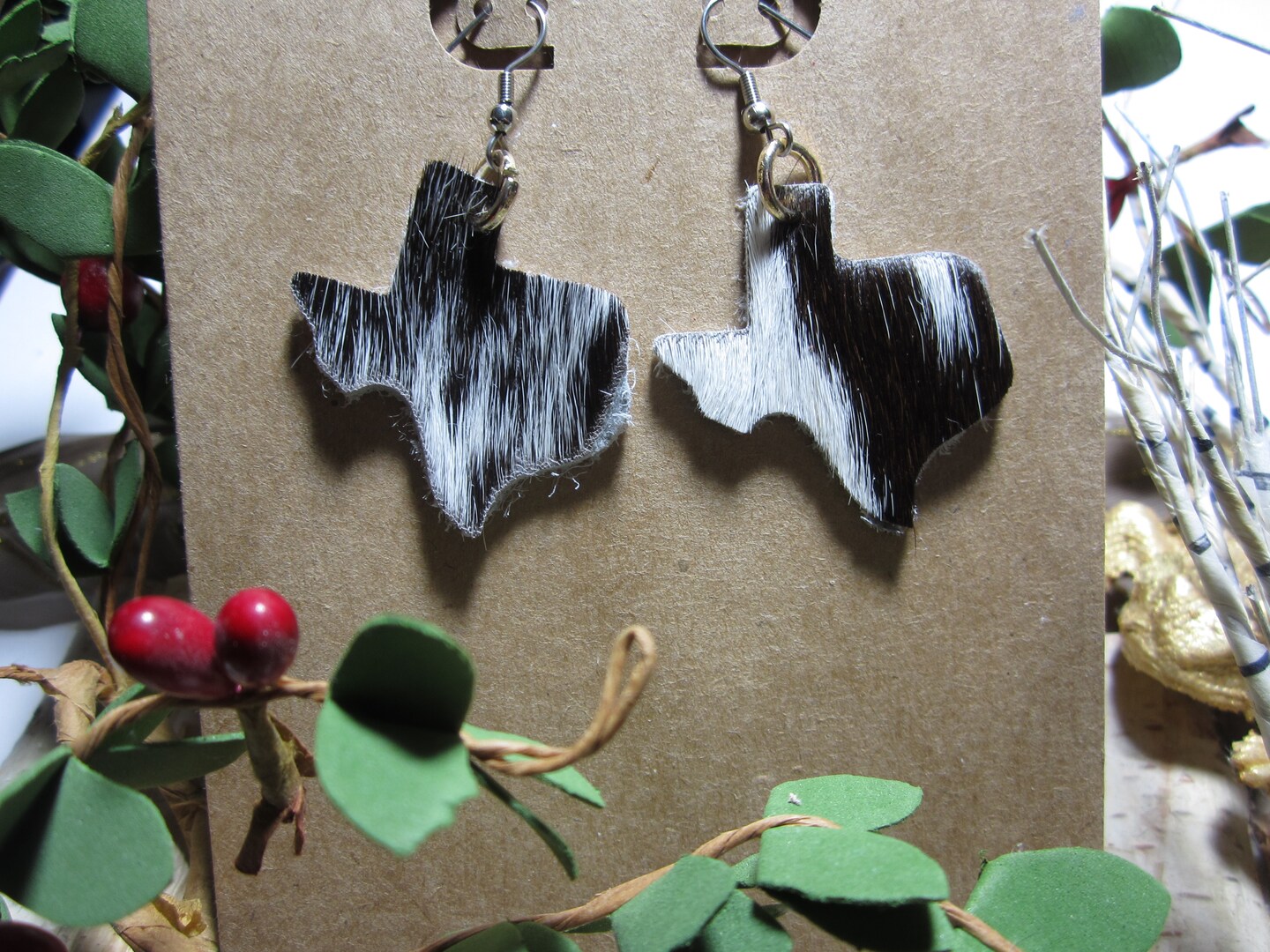 Western COWHIDE EARRINGS! Choose Teardrop, Heart or Texas Shape ...