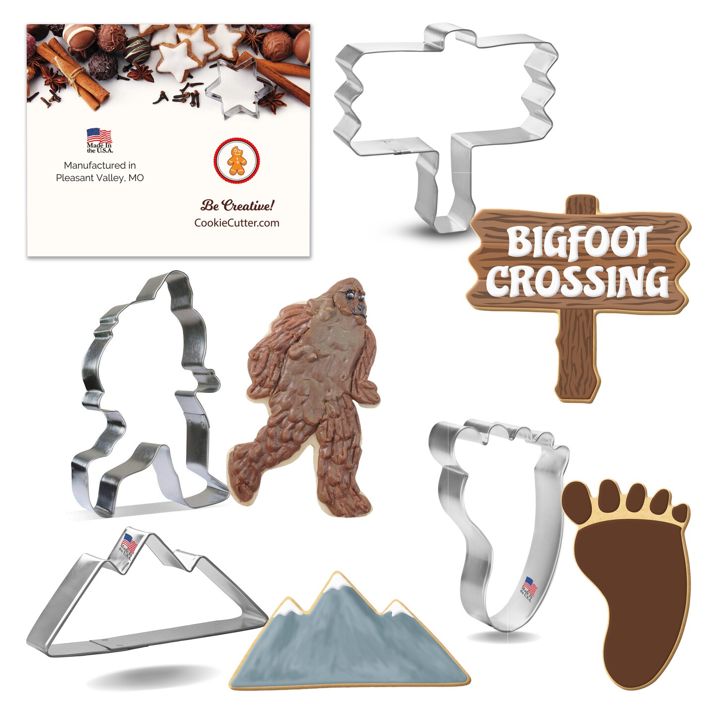 CookieCutter.com Big Foot 4 Piece Cookie Cutters Set, Wooden Sign, Mountains, Foot Print, Tin Plate Steel, USA