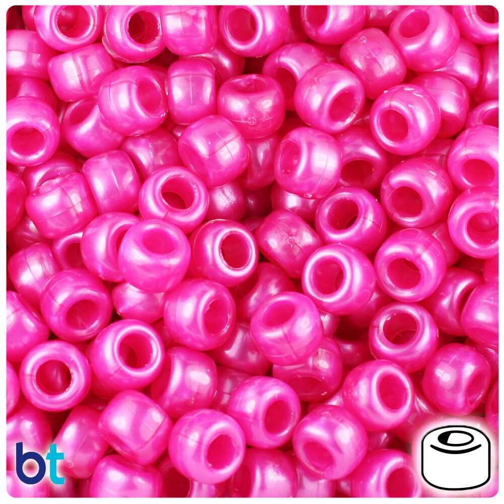 BeadTin Hot Pink Pearl 9mm Barrel Plastic Pony Beads (500pcs)