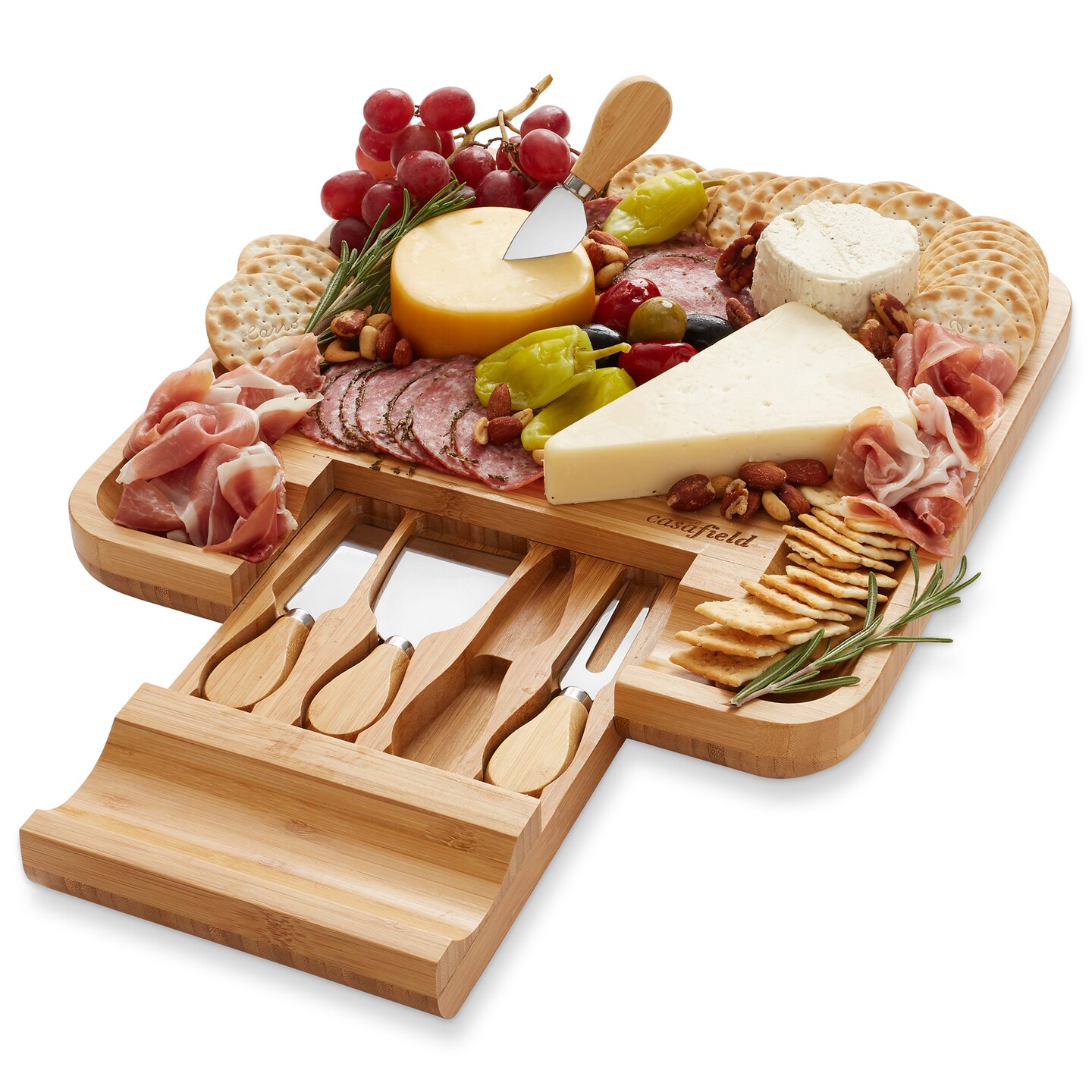 Casafield Organic Bamboo Cheese Cutting Board &#x26; Knife Gift Set - Wooden Serving Tray for Charcuterie Meat Platter, Fruit &#x26; Crackers - Slide Out Drawer with 4 Stainless Steel Knives