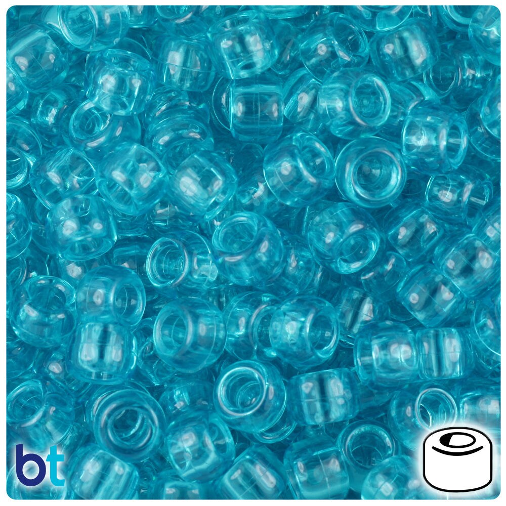 BeadTin Turquoise Transparent 9mm Barrel Plastic Pony Beads (500pcs)