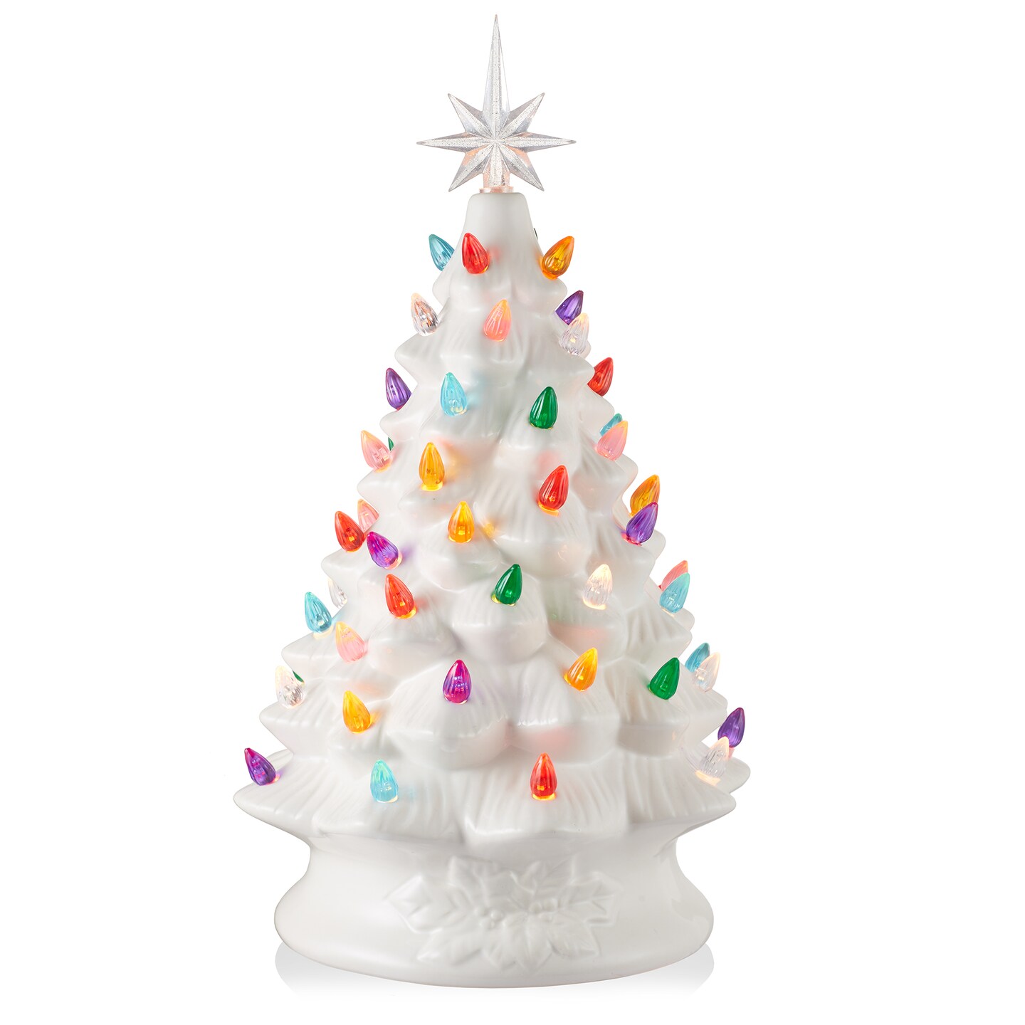 Casafield Hand Painted Ceramic Christmas Tree, White 15-Inch Pre-Lit Tree with 128 Multi Color Lights and 2 Star Toppers