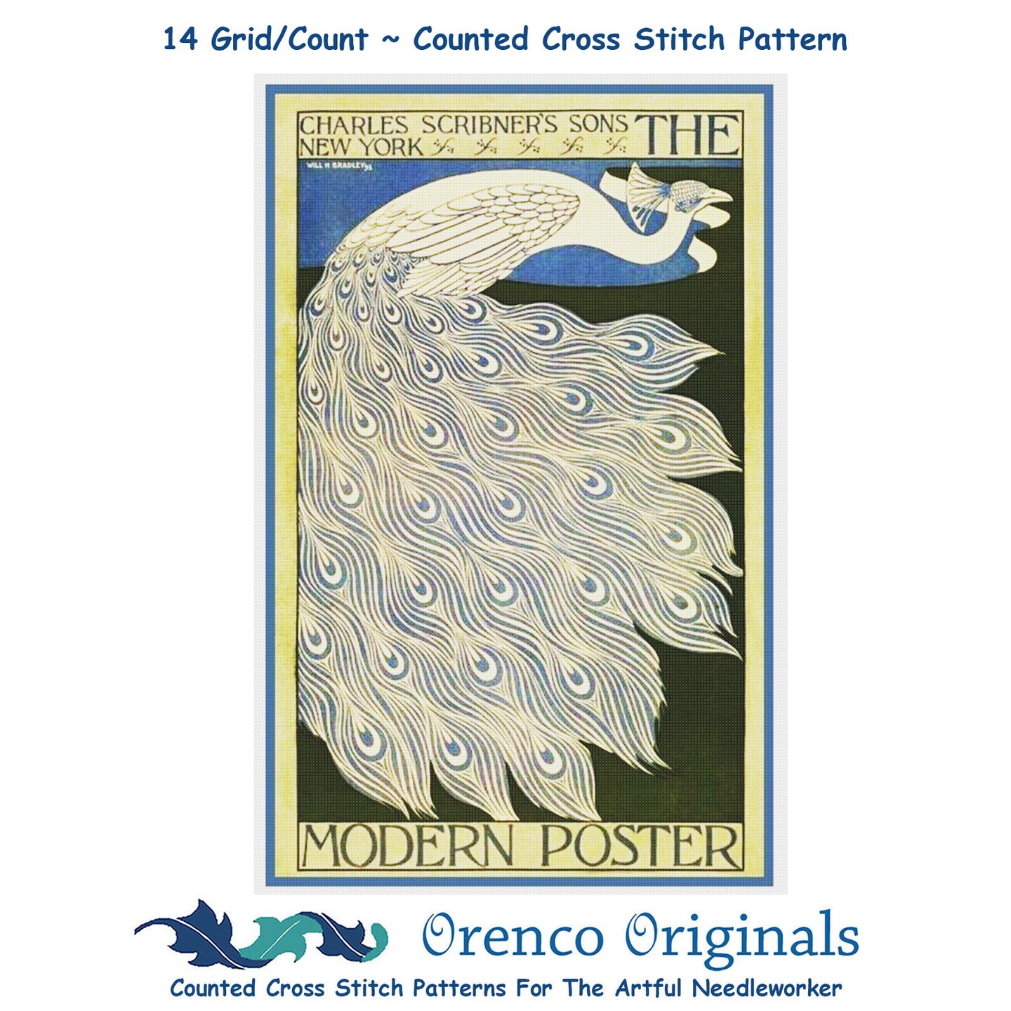 Will Bradley Modern Poster with a Peacock Counted Cross Stitch Chart Pattern