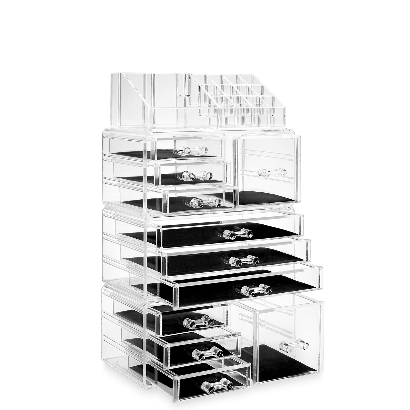 Casafield Acrylic Cosmetic Makeup Organizer &#x26; Jewelry Storage Display Case - Large 16 Slot, 2 Box &#x26; 9 Drawer Set - Clear