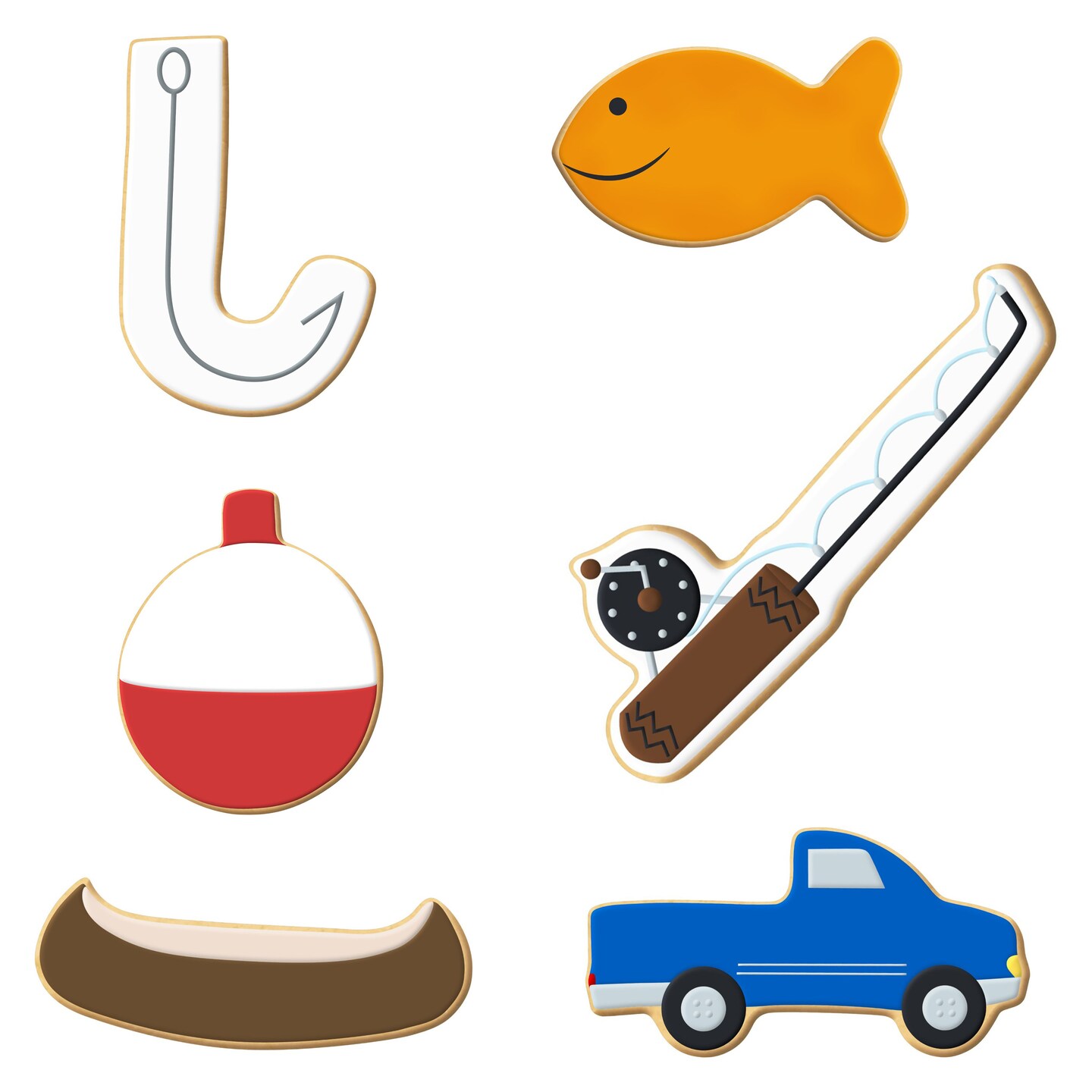 CookieCutter.com Fishing 6 Piece Cookie Cutters Set, Pole, Cute Fish, Bobber, Hook, Canoe, Truck, Tin Plate Steel, USA
