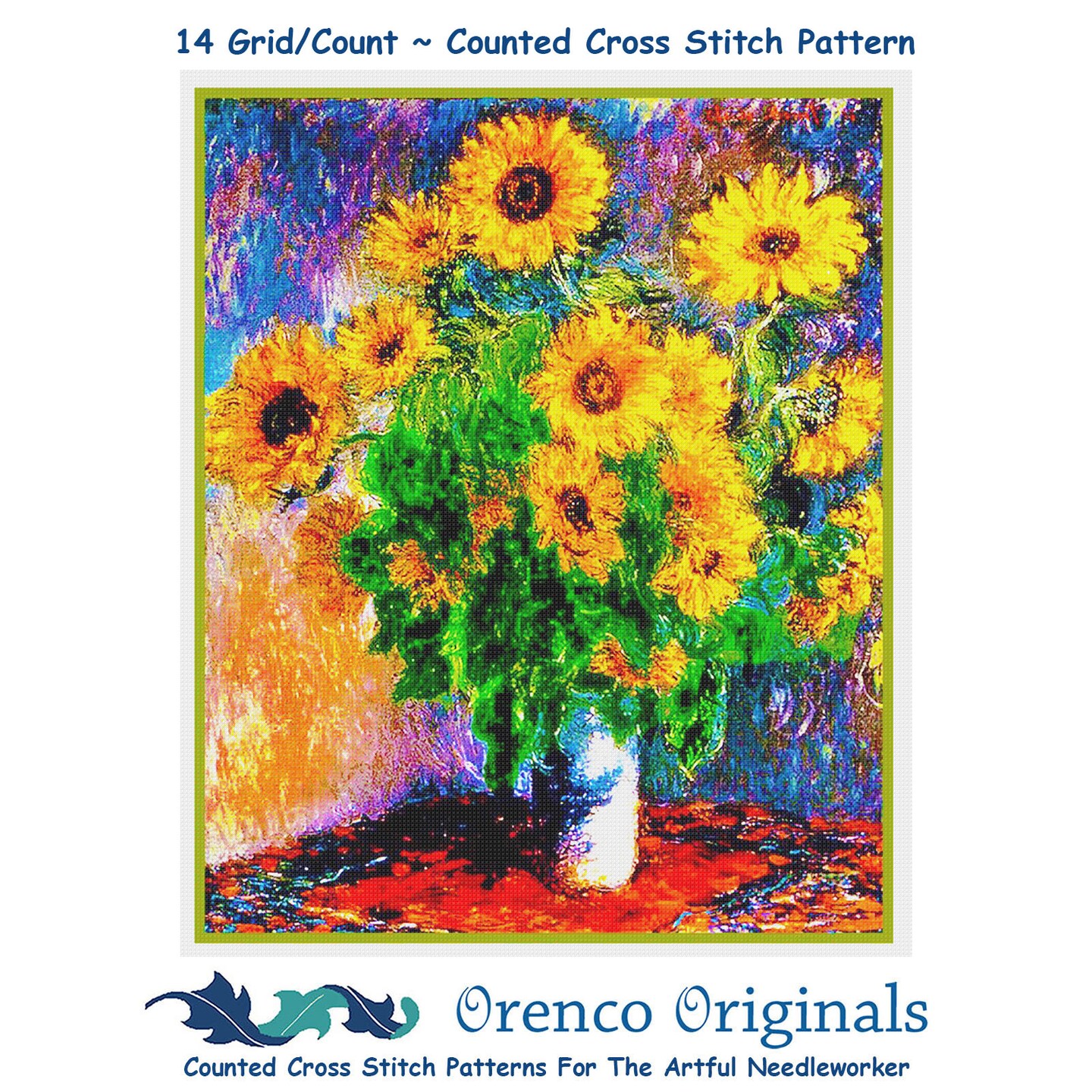 Sunflowers inspired by Claude Monet&#x27;s impressionist painting Counted Cross Stitch Pattern