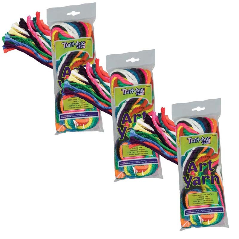 Art Yarn, Bright Colors Assortment, 50&#x27;, 10 Strands Per Pack, 3 Packs