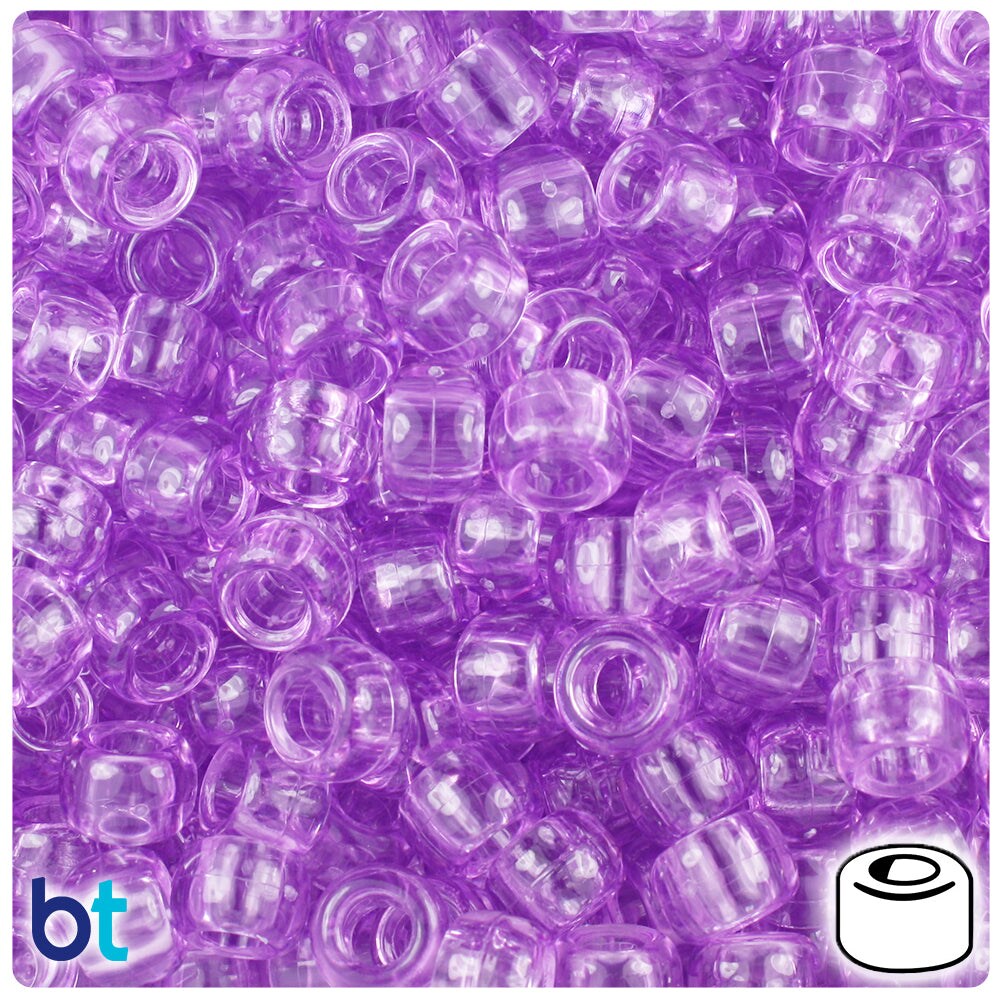 BeadTin Light Amethyst Transparent 9mm Barrel Plastic Pony Beads (500pcs)