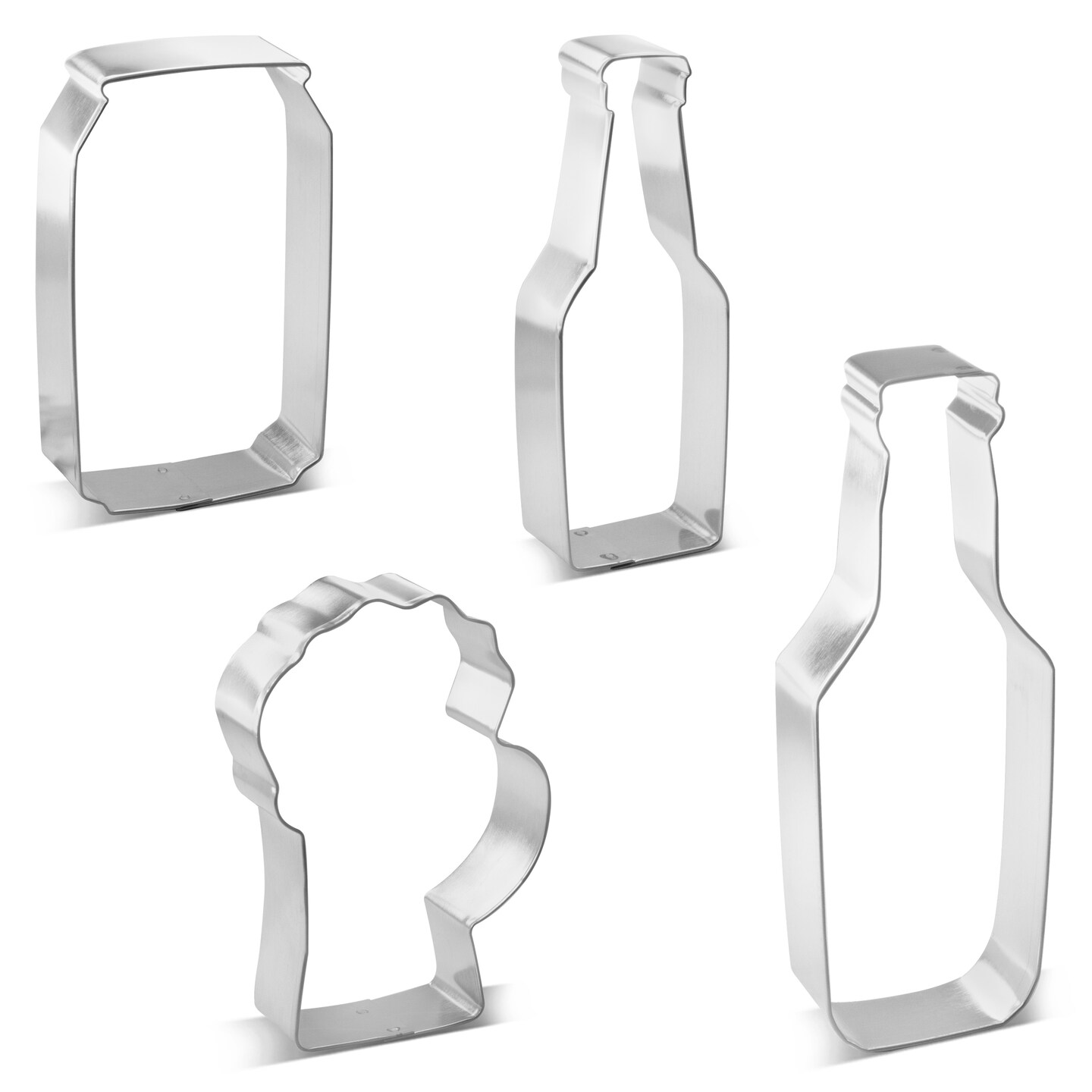 CookieCutter.com Bottle and Mug 4 Piece Cookie Cutters Set, Beer Can, Soda Can, Party, Tin Plate Steel, USA