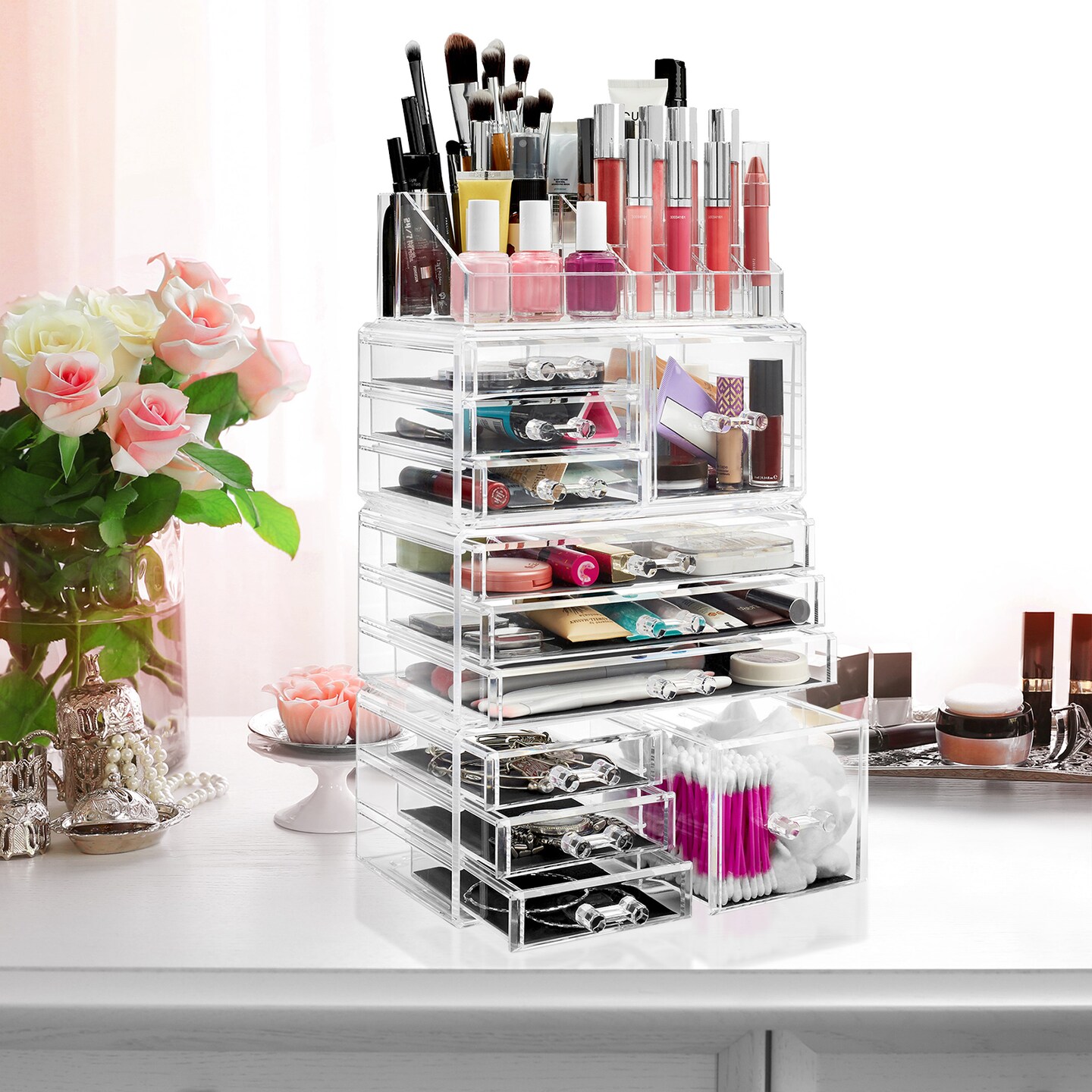 Casafield Acrylic Cosmetic Makeup Organizer &#x26; Jewelry Storage Display Case - Large 16 Slot, 2 Box &#x26; 9 Drawer Set - Clear