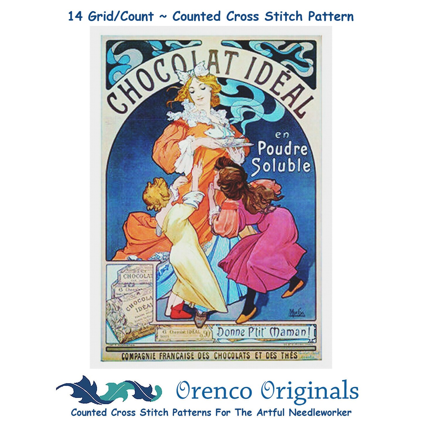 Art Nouveau Alphonse Mucha&#x27;s Chocolat Ideal Counted Cross Stitch Chart Pattern