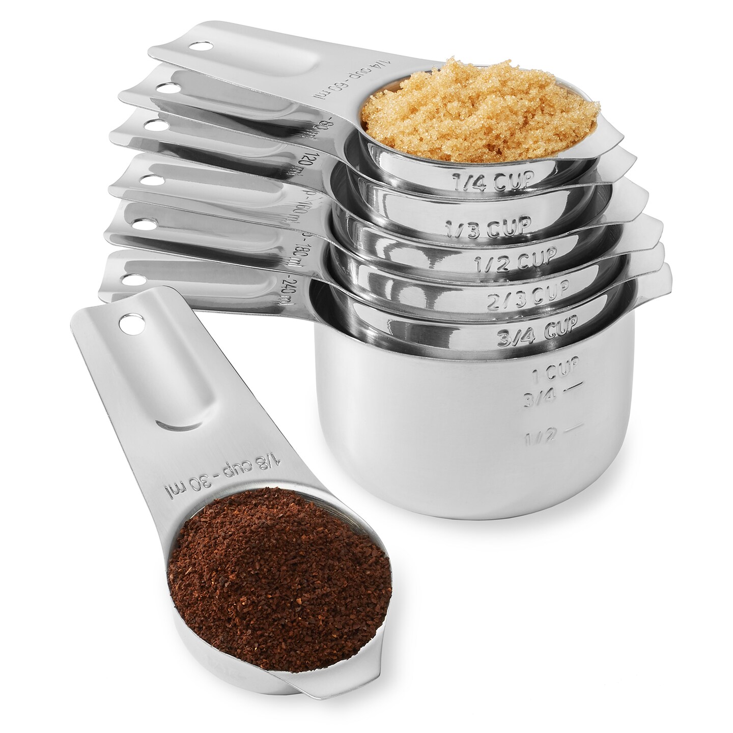 Last Confection 7pc Stainless Steel Measuring Cup Set - Includes 1/8 Cup Coffee Scoop - Measurements for Dry and Liquid Cooking &#x26; Baking Ingredients