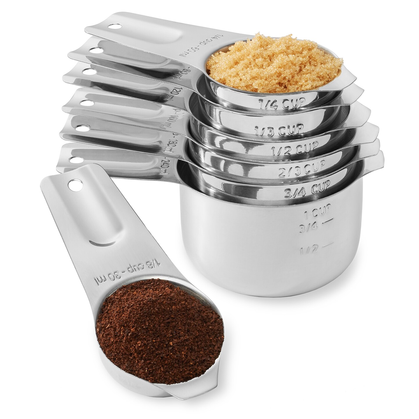 Last Confection 7pc Stainless Steel Measuring Cup Set - Includes 1/8 Cup Coffee Scoop - Measurements for Dry and Liquid Cooking & Baking Ingredients