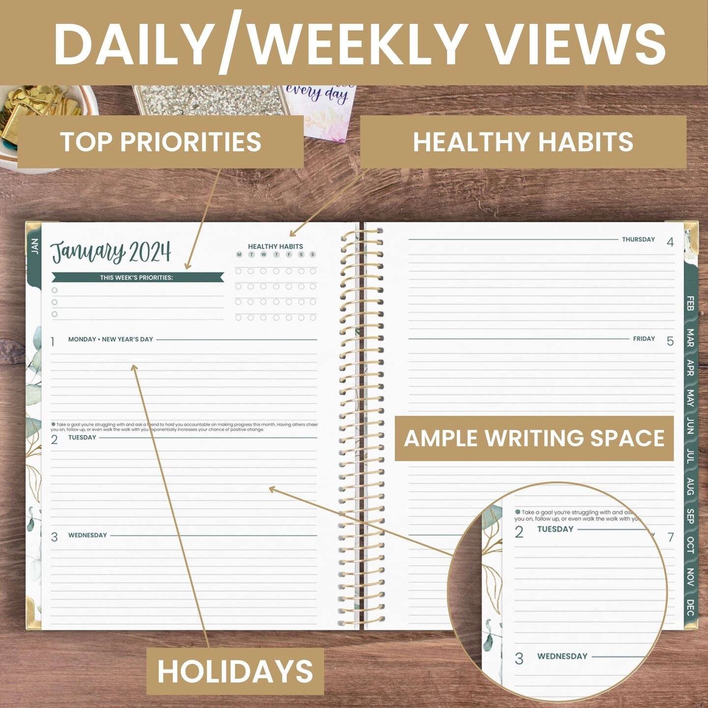 bloom daily planners 2024 Hard Cover Planner, 8.5&#x22; x 11&#x22;, Eucalyptus