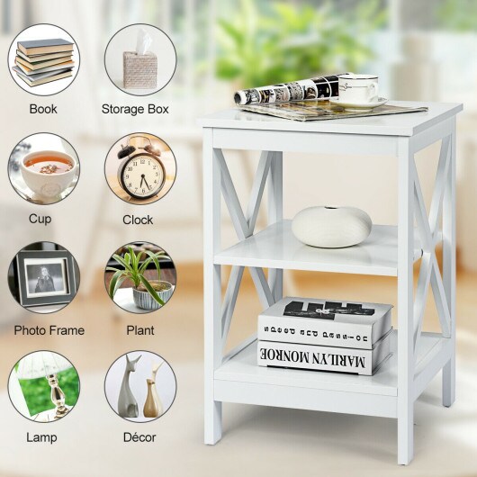 Multi-Functional Side Table with 3 Tier Storage Compartment and X-Shaped Side Design